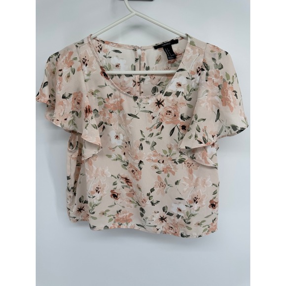 Forever 21 Tops - Forever 21 Women Peach Floral Flutter Sleeve Keyhole Back Blouse Top Small